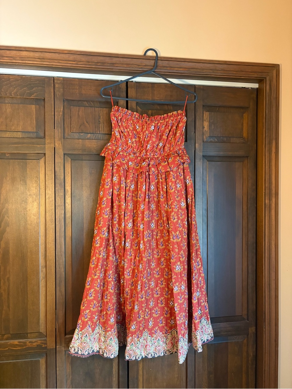 Anthropologie Red Floral Smocked Midi Dress with Border Hem
